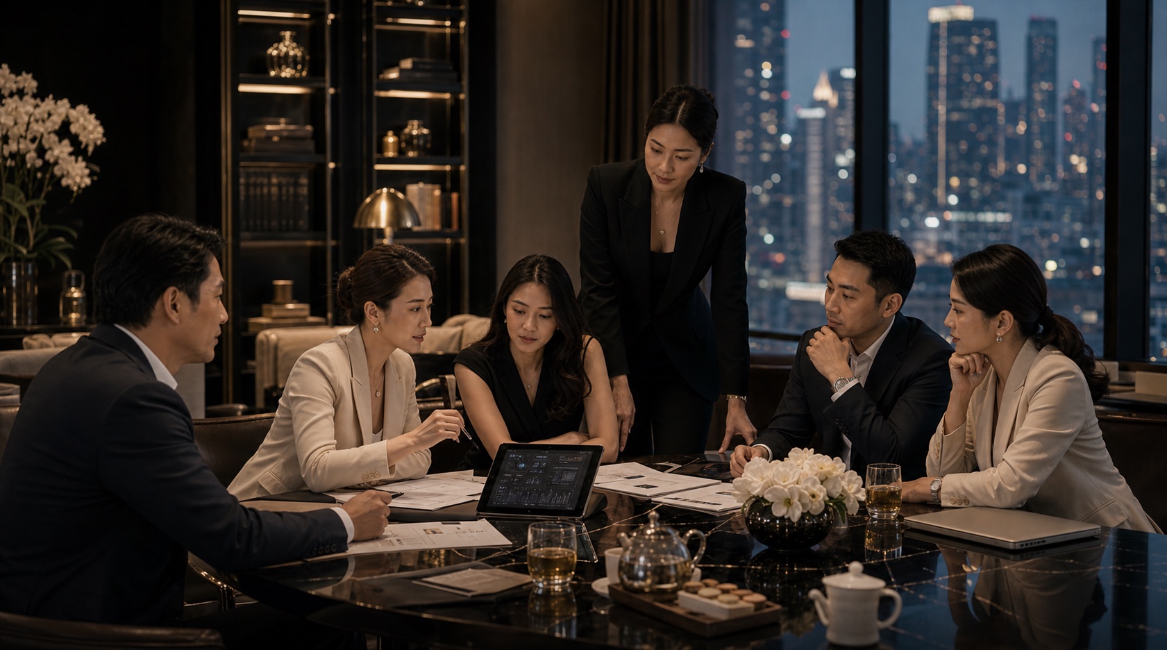 Mixed Asian executives reviewing AI strategy in a refined private business salon.