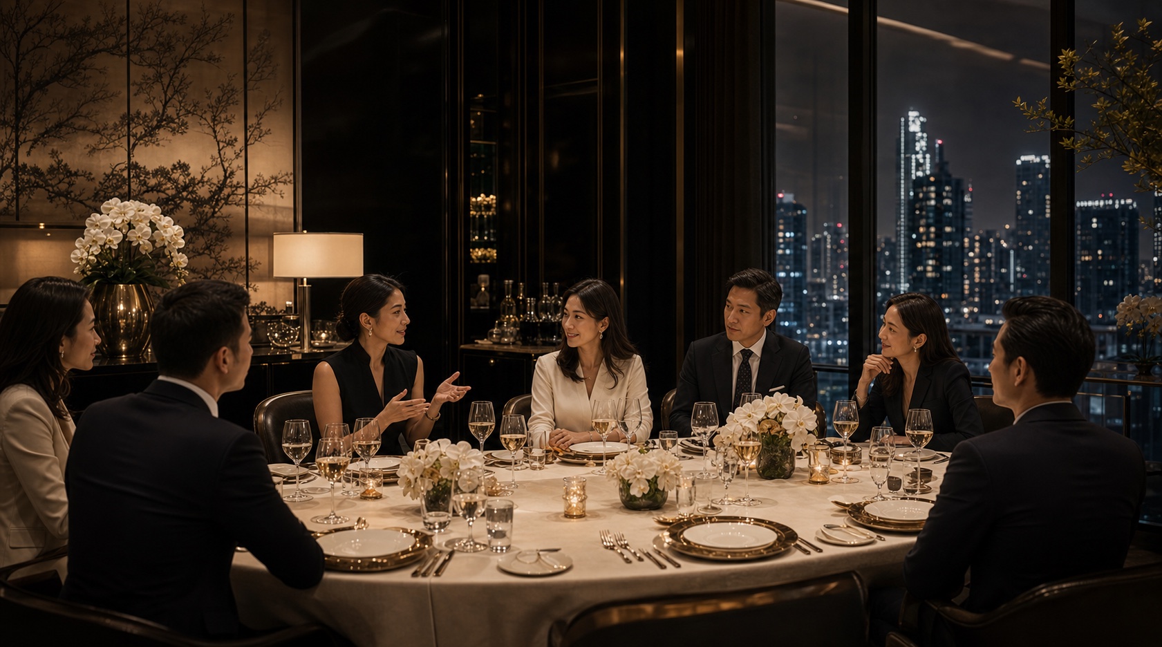 Mixed Asian executives at a luxury private dining table practicing executive presence and elegant conversation.
