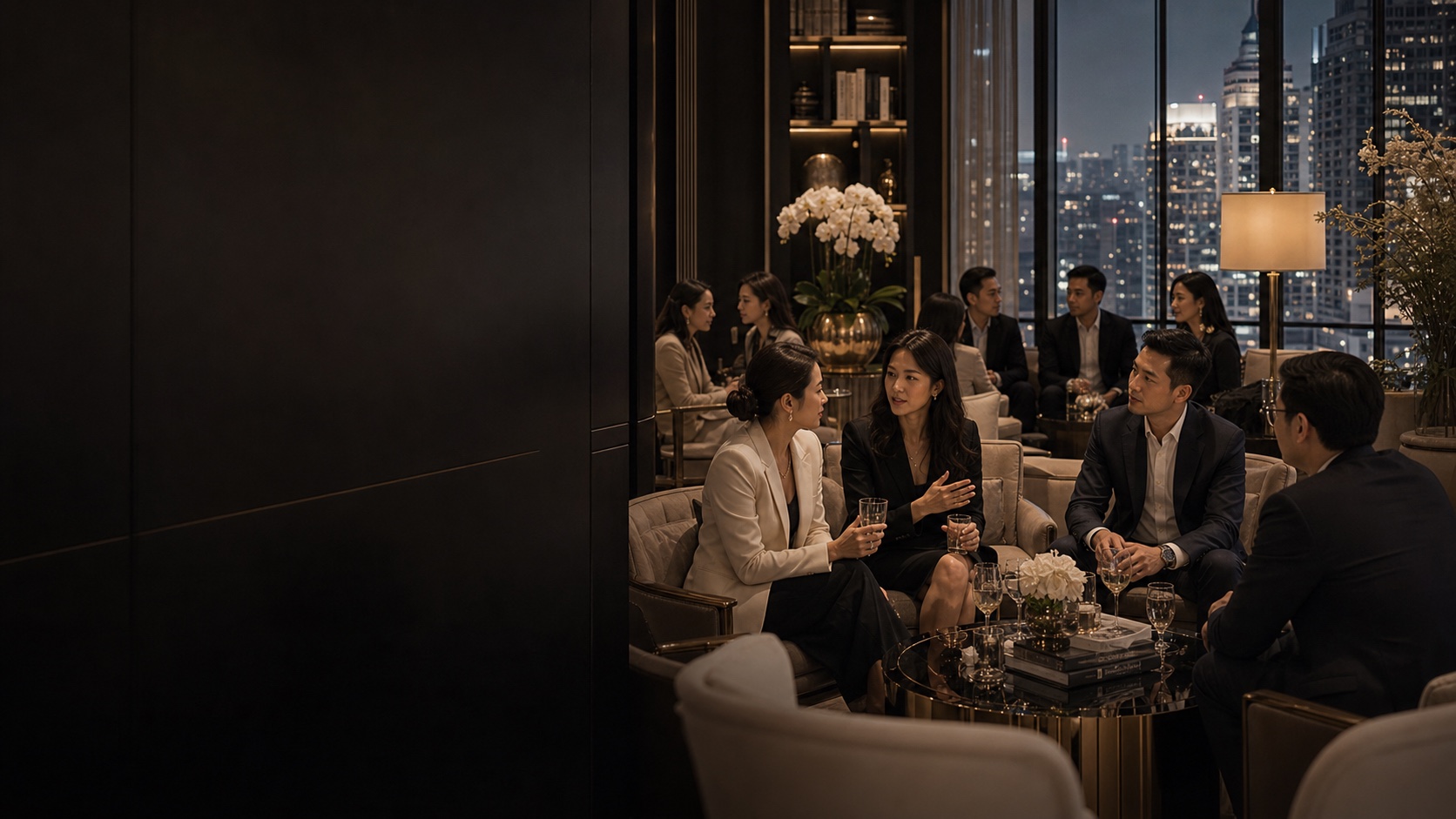Thai and Asian executives in a private luxury lounge with Bangkok, Singapore, Hong Kong, and Shanghai sensibility.