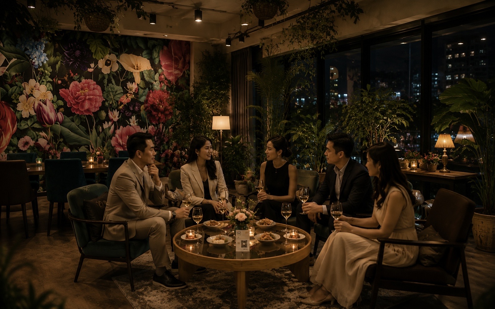 Thonglor Club at Prismz Thonglor soi18 lounge with floral wall, plants, city view, and private seating.