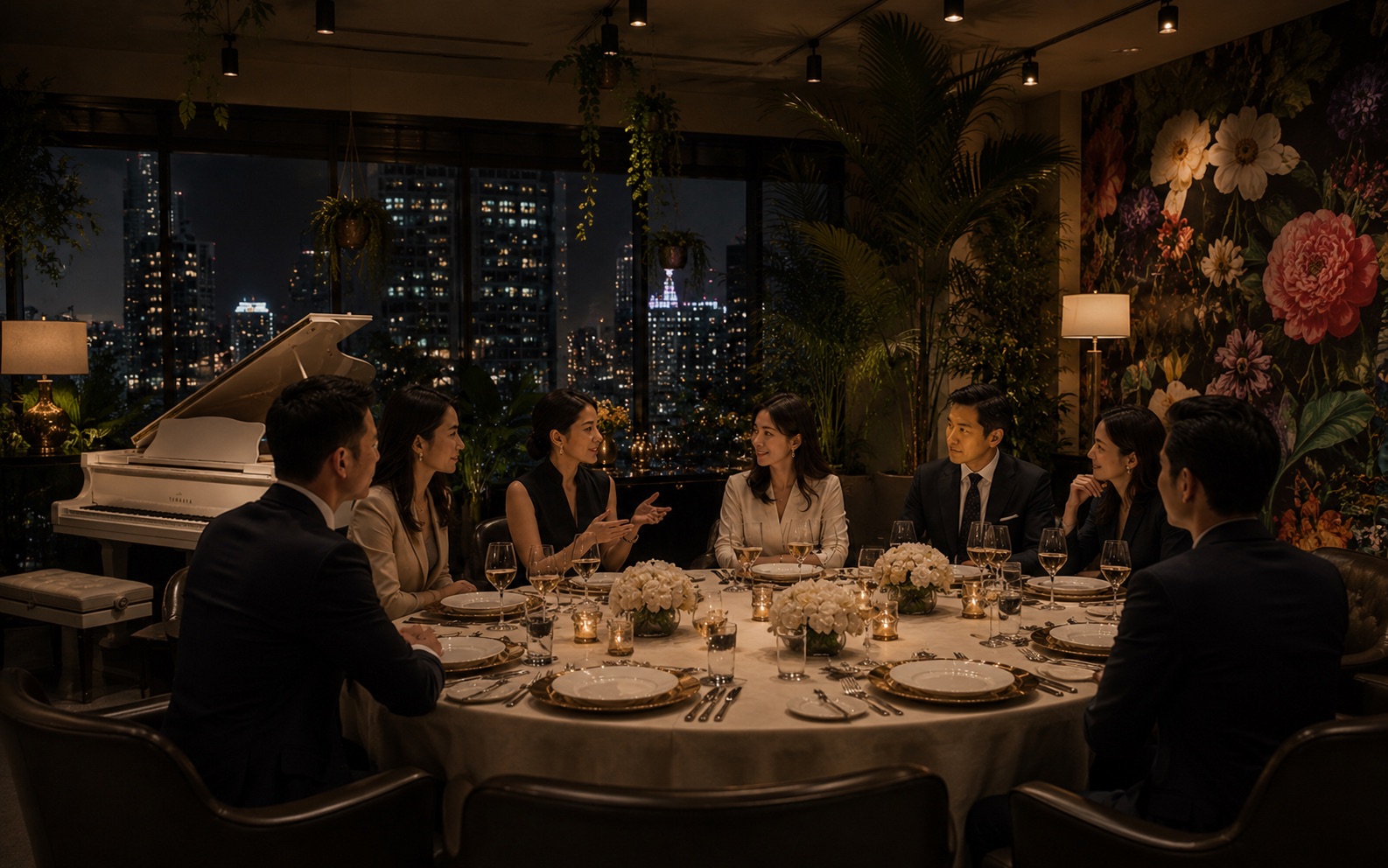 Thonglor Club at Prismz evening private salon with Bangkok city view, piano, flowers, and a small executive table.