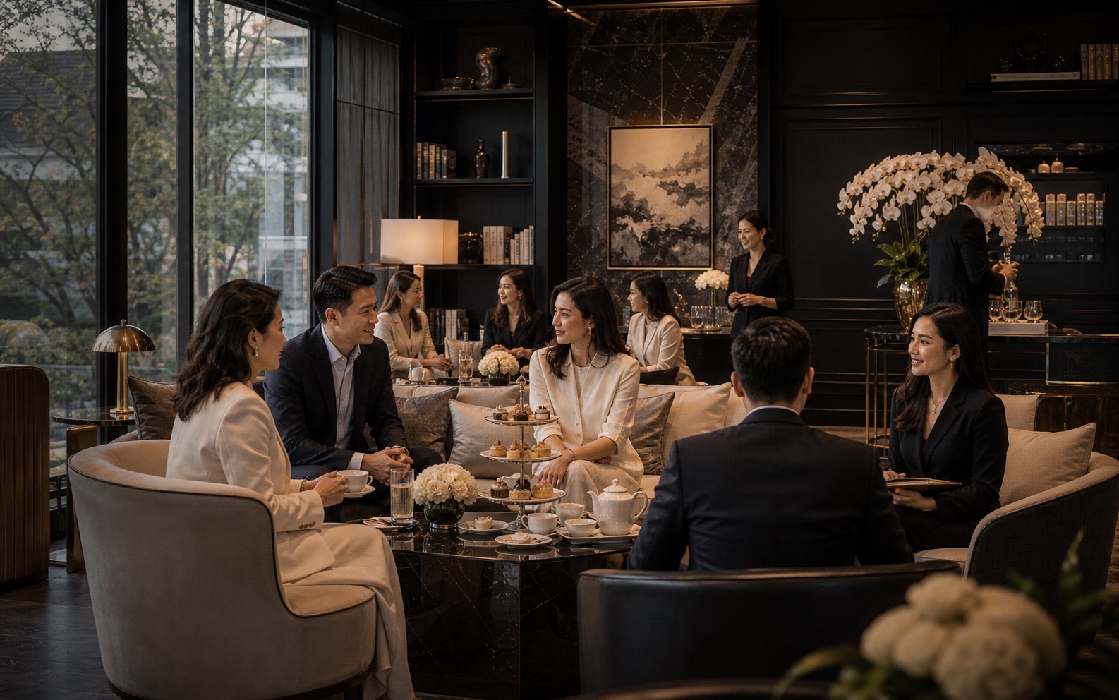Upscale Asian private cafe lounge with mixed executives, afternoon tea, brass lighting, orchids, and reserved hospitality.